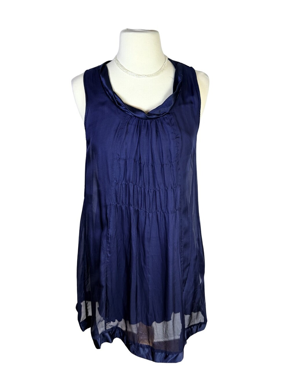 Milla 100% Silk Navy Cowl Neck Mini Dress Sheer Overlay Size Small